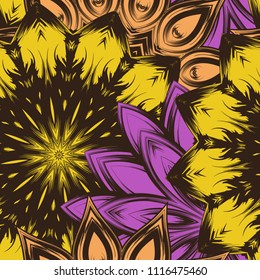 Seamless floral background. Tracery handmade nature ethnic fabric backdrop pattern with flowers. Textile design texture. Decorative color art. Vector