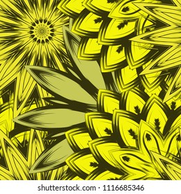 Seamless floral background. Tracery handmade nature ethnic fabric backdrop pattern with flowers. Textile design texture. Decorative color art. Vector
