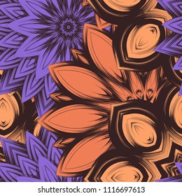 Seamless floral background. Tracery handmade nature ethnic fabric backdrop pattern with flowers. Textile design texture. Decorative color art. Vector