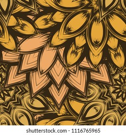 Seamless floral background. Tracery handmade nature ethnic fabric backdrop pattern with flowers. Textile design texture. Decorative color art. Vector