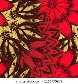 Seamless floral background. Tracery handmade nature ethnic fabric backdrop pattern with flowers. Textile design texture. Decorative color art. Vector