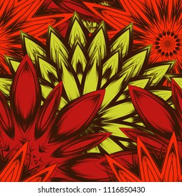 Seamless floral background. Tracery handmade nature ethnic fabric backdrop pattern with flowers. Textile design texture. Decorative color art. Vector