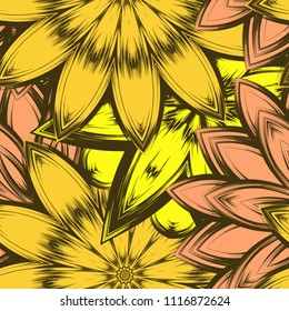 Seamless floral background. Tracery handmade nature ethnic fabric backdrop pattern with flowers. Textile design texture. Decorative color art. Vector