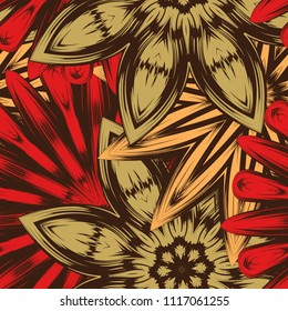 Seamless floral background. Tracery handmade nature ethnic fabric backdrop pattern with flowers. Textile design texture. Decorative color art. Vector