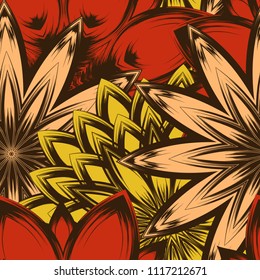 Seamless floral background. Tracery handmade nature ethnic fabric backdrop pattern with flowers. Textile design texture. Decorative color art. Vector
