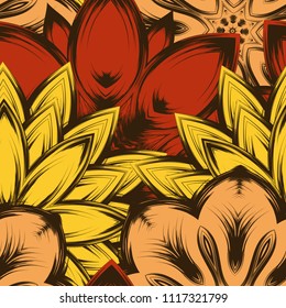 Seamless floral background. Tracery handmade nature ethnic fabric backdrop pattern with flowers. Textile design texture. Decorative color art. Vector