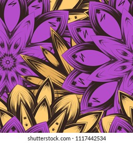 Seamless floral background. Tracery handmade nature ethnic fabric backdrop pattern with flowers. Textile design texture. Decorative color art. Vector
