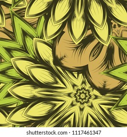 Seamless floral background. Tracery handmade nature ethnic fabric backdrop pattern with flowers. Textile design texture. Decorative color art. Vector