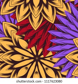 Seamless floral background. Tracery handmade nature ethnic fabric backdrop pattern with flowers. Textile design texture. Decorative color art. Vector
