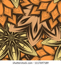 Seamless floral background. Tracery handmade nature ethnic fabric backdrop pattern with flowers. Textile design texture. Decorative color art. Vector