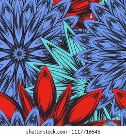 Seamless floral background. Tracery handmade nature ethnic fabric backdrop pattern with flowers. Textile design texture. Decorative color art. Vector