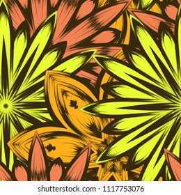 Seamless floral background. Tracery handmade nature ethnic fabric backdrop pattern with flowers. Textile design texture. Decorative color art. Vector