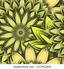 Seamless floral background. Tracery handmade nature ethnic fabric backdrop pattern with flowers. Textile design texture. Decorative color art. Vector