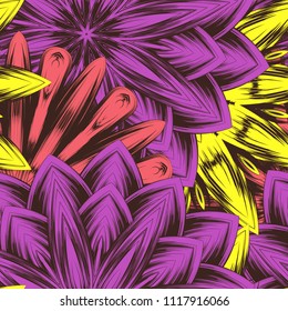 Seamless floral background. Tracery handmade nature ethnic fabric backdrop pattern with flowers. Textile design texture. Decorative color art. Vector
