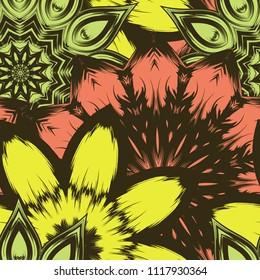 Seamless floral background. Tracery handmade nature ethnic fabric backdrop pattern with flowers. Textile design texture. Decorative color art. Vector