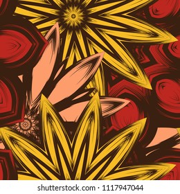 Seamless floral background. Tracery handmade nature ethnic fabric backdrop pattern with flowers. Textile design texture. Decorative color art. Vector