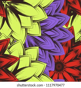 Seamless floral background. Tracery handmade nature ethnic fabric backdrop pattern with flowers. Textile design texture. Decorative color art. Vector