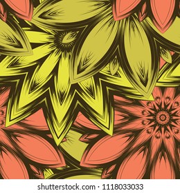 Seamless floral background. Tracery handmade nature ethnic fabric backdrop pattern with flowers. Textile design texture. Decorative color art. Vector