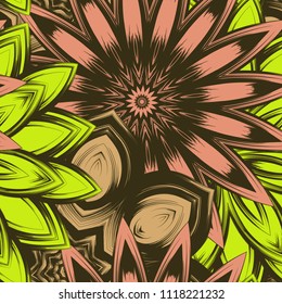 Seamless floral background. Tracery handmade nature ethnic fabric backdrop pattern with flowers. Textile design texture. Decorative color art. Vector