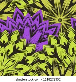 Seamless floral background. Tracery handmade nature ethnic fabric backdrop pattern with flowers. Textile design texture. Decorative color art. Vector