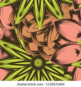 Seamless floral background. Tracery handmade nature ethnic fabric backdrop pattern with flowers. Textile design texture. Decorative color art. Vector