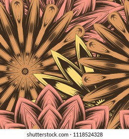 Seamless floral background. Tracery handmade nature ethnic fabric backdrop pattern with flowers. Textile design texture. Decorative color art. Vector
