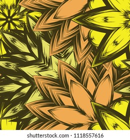 Seamless floral background. Tracery handmade nature ethnic fabric backdrop pattern with flowers. Textile design texture. Decorative color art. Vector