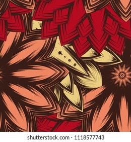Seamless floral background. Tracery handmade nature ethnic fabric backdrop pattern with flowers. Textile design texture. Decorative color art. Vector