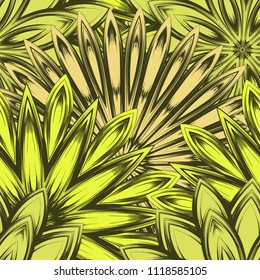 Seamless floral background. Tracery handmade nature ethnic fabric backdrop pattern with flowers. Textile design texture. Decorative color art. Vector