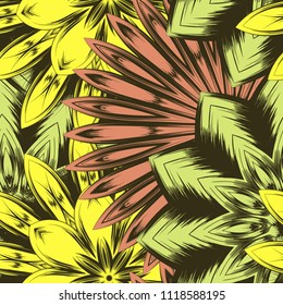 Seamless floral background. Tracery handmade nature ethnic fabric backdrop pattern with flowers. Textile design texture. Decorative color art. Vector