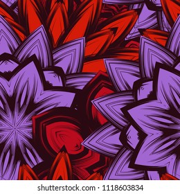 Seamless floral background. Tracery handmade nature ethnic fabric backdrop pattern with flowers. Textile design texture. Decorative color art. Vector