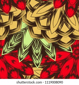 Seamless floral background. Tracery handmade nature ethnic fabric backdrop pattern with flowers. Textile design texture. Decorative color art. Vector
