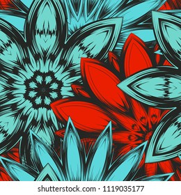 Seamless floral background. Tracery handmade nature ethnic fabric backdrop pattern with flowers. Textile design texture. Decorative color art. Vector