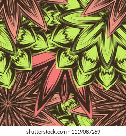 Seamless floral background. Tracery handmade nature ethnic fabric backdrop pattern with flowers. Textile design texture. Decorative color art. Vector