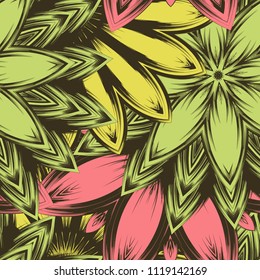 Seamless floral background. Tracery handmade nature ethnic fabric backdrop pattern with flowers. Textile design texture. Decorative color art. Vector