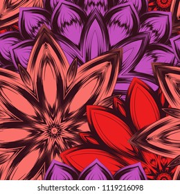 Seamless floral background. Tracery handmade nature ethnic fabric backdrop pattern with flowers. Textile design texture. Decorative color art. Vector