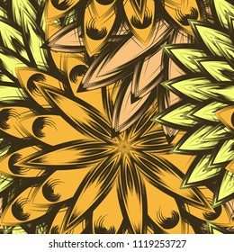 Seamless floral background. Tracery handmade nature ethnic fabric backdrop pattern with flowers. Textile design texture. Decorative color art. Vector