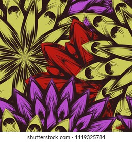 Seamless floral background. Tracery handmade nature ethnic fabric backdrop pattern with flowers. Textile design texture. Decorative color art. Vector