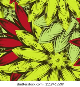 Seamless floral background. Tracery handmade nature ethnic fabric backdrop pattern with flowers. Textile design texture. Decorative color art. Vector