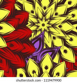 Seamless floral background. Tracery handmade nature ethnic fabric backdrop pattern with flowers. Textile design texture. Decorative color art. Vector
