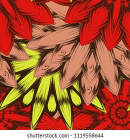 Seamless floral background. Tracery handmade nature ethnic fabric backdrop pattern with flowers. Textile design texture. Decorative color art. Vector