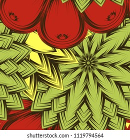 Seamless floral background. Tracery handmade nature ethnic fabric backdrop pattern with flowers. Textile design texture. Decorative color art. Vector