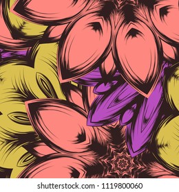 Seamless floral background. Tracery handmade nature ethnic fabric backdrop pattern with flowers. Textile design texture. Decorative color art. Vector