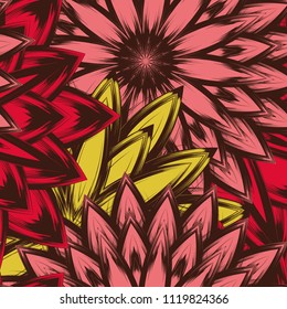 Seamless floral background. Tracery handmade nature ethnic fabric backdrop pattern with flowers. Textile design texture. Decorative color art. Vector