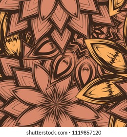 Seamless floral background. Tracery handmade nature ethnic fabric backdrop pattern with flowers. Textile design texture. Decorative color art. Vector