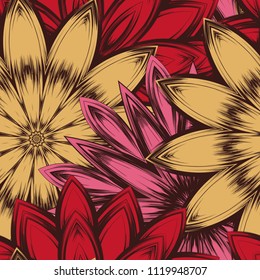 Seamless floral background. Tracery handmade nature ethnic fabric backdrop pattern with flowers. Textile design texture. Decorative color art. Vector