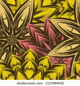 Seamless floral background. Tracery handmade nature ethnic fabric backdrop pattern with flowers. Textile design texture. Decorative color art. Vector