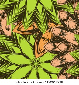 Seamless floral background. Tracery handmade nature ethnic fabric backdrop pattern with flowers. Textile design texture. Decorative color art. Vector