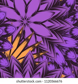 Seamless floral background. Tracery handmade nature ethnic fabric backdrop pattern with flowers. Textile design texture. Decorative color art. Vector