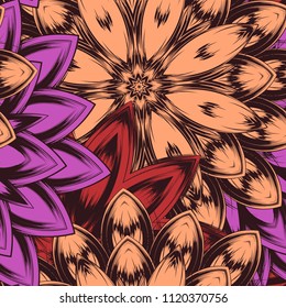 Seamless floral background. Tracery handmade nature ethnic fabric backdrop pattern with flowers. Textile design texture. Decorative color art. Vector